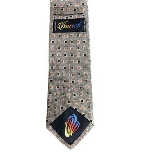 Mens Handmade 100% Silk Peacock Tie Black White Check w Copper & Black Squares